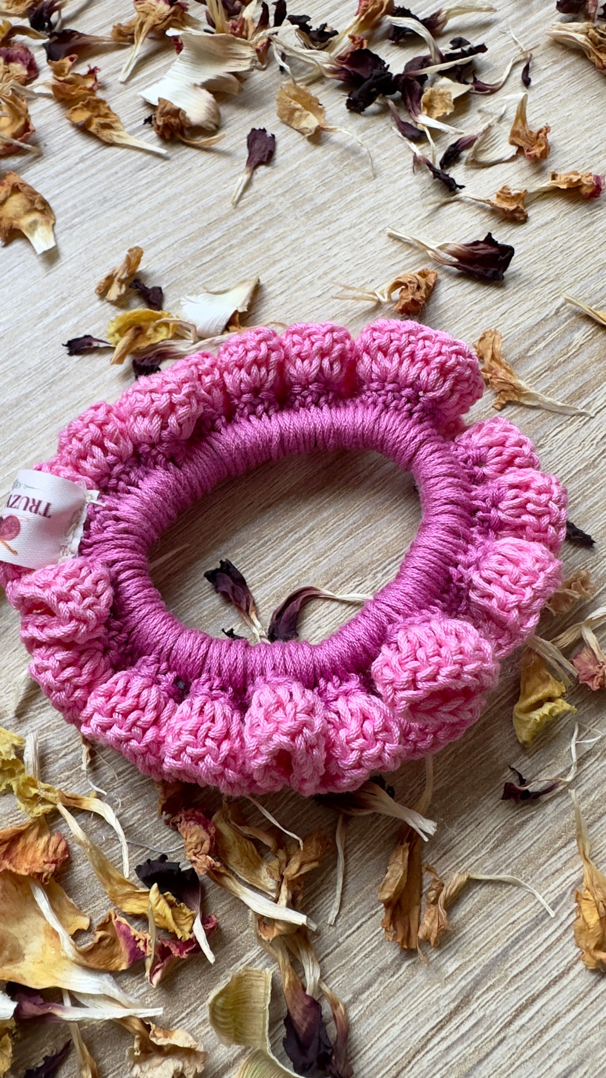 Chouchou Romantique à Bulles en Crochet – Rose Poudré